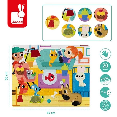 Puzzle sensoryczne 20 elementów Zwierzęta domowe, Janod