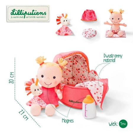 LILLIPUTIENS Lalka dzidziuś w gondoli z przytulanką i butelką mleka Louise 9 m+