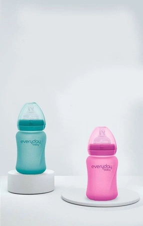 Szklana butelka ze smoczkiem S reagująca na temperaturę, 150 ml, wiśniowa, Everyday Baby