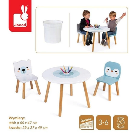 Zestaw drewnianych mebelków stolik i 2 krzesła Arktyka, Janod
