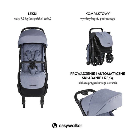 Easywalker Jackey Kompaktowy, samoskładający się wózek spacerowy z torbą transportową Steel Grey