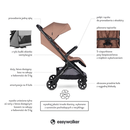 Easywalker Jackey Kompaktowy, samoskładający się wózek spacerowy z torbą transportową Pecan Brown
