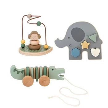 Edukacyjny zestaw trzech zabawek safari: sorter, przeplatanka i krokodyl do ciągnięcia Jabadabado