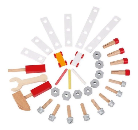 Dwustronny drewniany stolik warsztatowy z 34 akcesoriami Brico'kids 3-8 lat, Janod