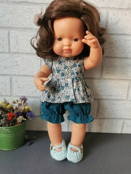 TUNIKA Z BLOOMERSAMI NA LALKĘ 38CM, TURKUSOWE KWIATKI