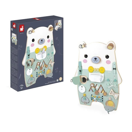 Janod Duża drewniana tablica manipulacyjna 20 aktywności Miś Pure 18m+