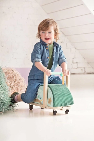 LILLIPUTIENS Drewniany jeździk 2 w 1 z miękkim siedziskiem i torebką Smok Joe 12 m+