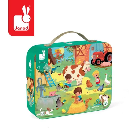 Janod Puzzle w walizce Dzień na farmie 24 elementy 3+