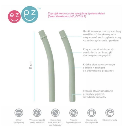 EZPZ Silikonowy kubeczek ze słomką Mini Cup + Straw Training System 120 ml oliwkowy + 2 słomki GRATIS pastelowa zieleń