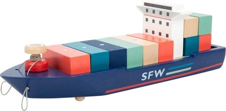 Drewniany zestaw z magnesami i dźwigiem do kolejki Kontenerowiec SFN z nabrzeżem 11378-Small Foot World, kolejki dla dzieci