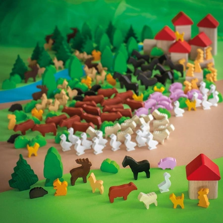 Drewniane figurki zwierząt drzew domów 200 elementów Erzi 41370 zestaw