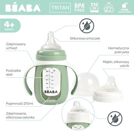 Beaba Szklana butelka treningowa w silikonowej osłonce 2w1 210 ml Sage green