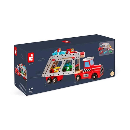 Laweta drewniana duża z 4 samochodzikami, Janod