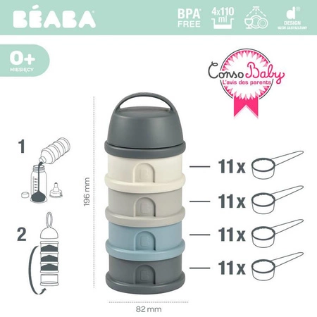 BEABA Pojemniki na mleko w proszku 4 komory mineral grey/blue (opakowanie zbiorcze 6 szt.)