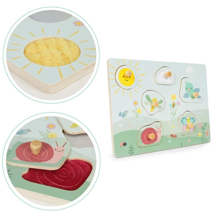 Drewniana tablica sensoryczna z różnymi rodzajami materiału