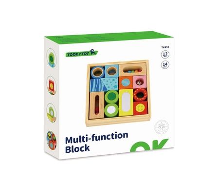 TOOKY TOY Drewniane Pudełko Klocki Sensoryczne Układanka Multifunkcyjna Kształty Dźwięk Dotyk 12 el.