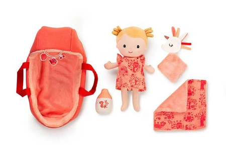 LILLIPUTIENS Lalka dzidziuś w gondoli z komforterem i butelką mleka Lena 12 m+