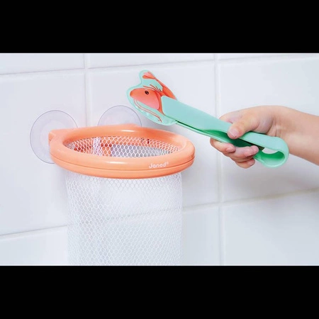 Łapacz krewetek do kąpieli kosz z przyssawkami i 12 krewetkami 2+, Janod