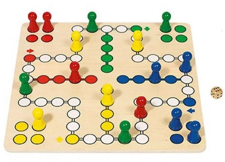 Chińczyk Ludo gra planszowa z kością i pionkami drewniana 45 x 45 cm Goki 56643