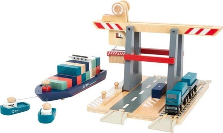 Drewniany zestaw z magnesami i dźwigiem do kolejki Kontenerowiec SFN z nabrzeżem 11378-Small Foot World, kolejki dla dzieci