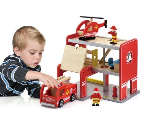 Drewniana Stacja Remiza Strażacka Garaż Akcesoria Wóz Strażacki Viga Toys