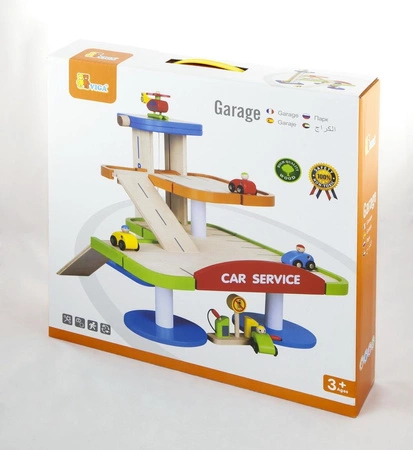 Duży Drewniany Dwupoziomowy garaż z akcesoriami Car Service Viga Toys