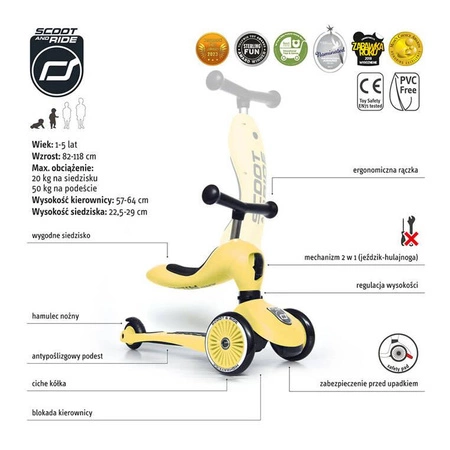 Zestaw SCOOTANDRIDE Highwaykick 1 2w1 Jeździk i hulajnoga 1-5 lat Lemon + Kask XXS Lemon