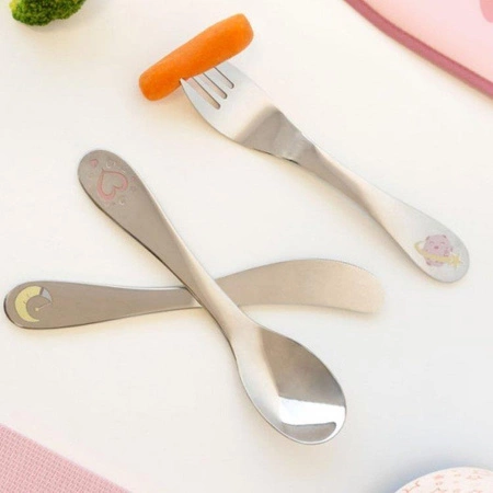 Zestaw sztućców ze stali nierdzewnej, 3 szt., różowe, Kiokids