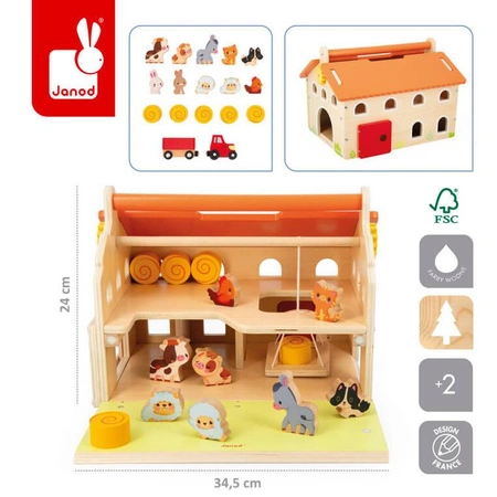 Drewniana farma z otwieranym dachem i figurkami 2+, Janod