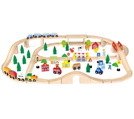 Drewniana Kolejka z pociągami tor dla dzieci 90 elementów Viga Toys