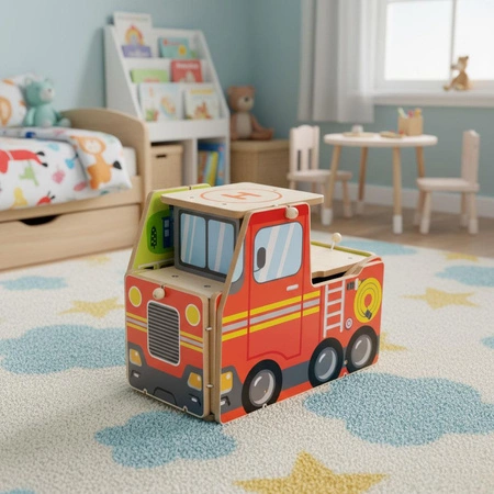 Drewniany garaż zestaw straży pożarnej 2w1 – remiza i wóz 2 piętra figurki pojazdy ECOTOYS