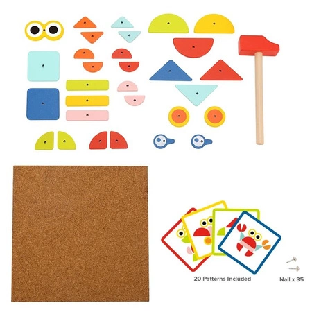 TOOKY TOY Układanka Tablica Korkowa Przybijanka z Młotkiem 20 Wzorów 82 el. Certyfikat FSC