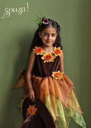 Souza! Kostium sukienka tiulowa z kwiatami i kapelusz czarownica Sabrina 5-7 lat