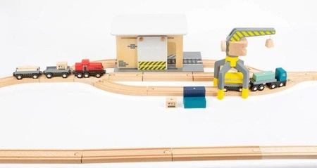 Drewniany zestaw z magnetycznymi kontenerami i dźwigami Kompleksowy skład towarowy 11377-Small Foot World, kolejki dla dzieci