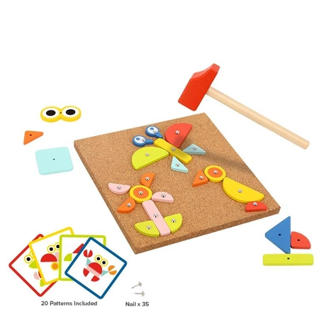 TOOKY TOY Układanka Tablica Korkowa Przybijanka z Młotkiem 20 Wzorów 82 el. Certyfikat FSC