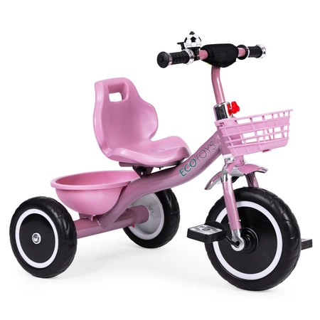 Rowerek trójkołowy antypoślizgowe uchwyty dzwonek koszyk różowy ECOTOYS