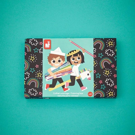 Janod Zestaw przyborów do kolorowania kredki flamastry Coloring box 42 el. 3+