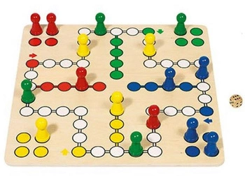 Chińczyk Ludo gra planszowa z kością i pionkami drewniana 45 x 45 cm Goki 56643