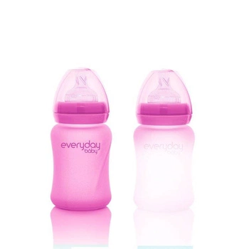 Szklana butelka ze smoczkiem S reagująca na temperaturę, 150 ml, wiśniowa, Everyday Baby