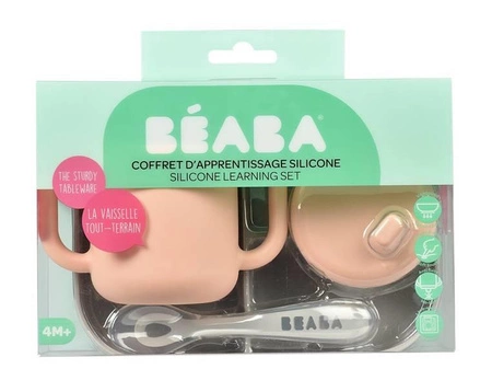 Beaba Komplet naczyń z silikonu trójdzielny talerz z przyssawką + kubeczek z pokrywką z ustnikiem + łyżeczka Pink