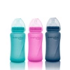 Szklana butelka ze smoczkiem M reagująca na temperaturę, 240 ml, borówkowa, Everyday Baby