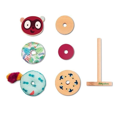 LILLIPUTIENS Drewniana układanka piramida z miękkimi elementami Lemur George 12 m+