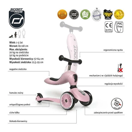 Zestaw SCOOTANDRIDE Highwaykick 1 2w1 Jeździk i hulajnoga 1-5 lat Rose + Kask XXS Rose
