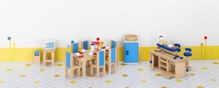 Meble dla lalek, kuchnia z niebieskimi wstawkami, goki