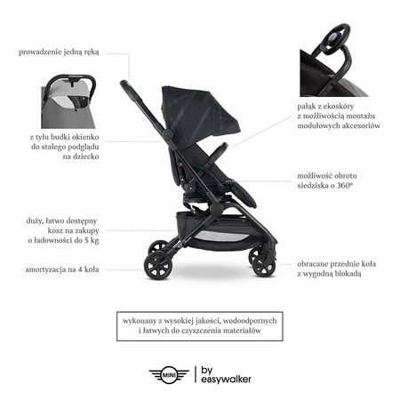 MINI by Easywalker Buggy TURN Kompaktowy wózek spacerowy z obrotowym siedziskiem 360° Oxford Black (z osłoną przeciwdeszczową w zestawie)
