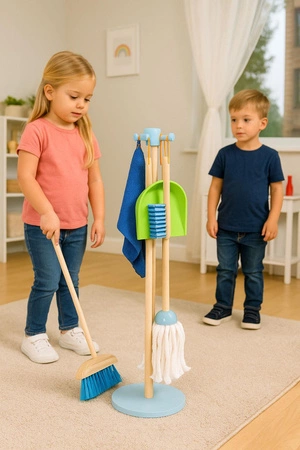 Drewniany zestaw do sprzątania dla dzieci mop zmiotka z szufelką 7 elementów ECOTOYS