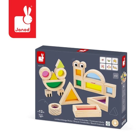 Janod Klocki drewniane przeźroczyste kolorowe sensoryczne 12 m+