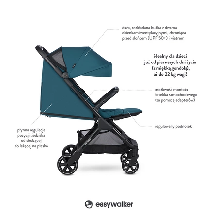Easywalker Jackey Kompaktowy, samoskładający się wózek spacerowy z torbą transportową Teal Green