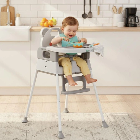 Fotelik krzesełko do karmienia dzieci 3w1 podwójna tacka 5-punktowe pasy szary ECOTOYS