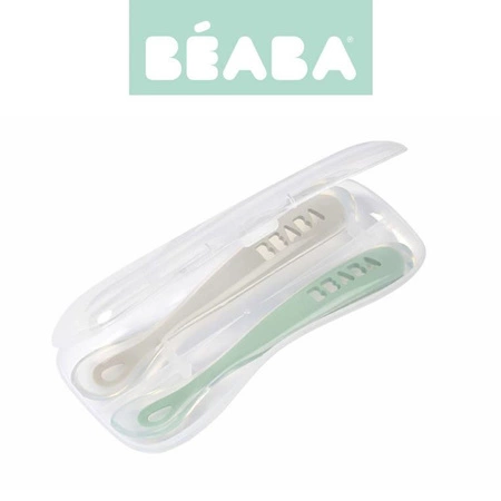 Beaba Zestaw 2 łyżeczek silikonowych w podróżnym etui 4 m+ Sage Green